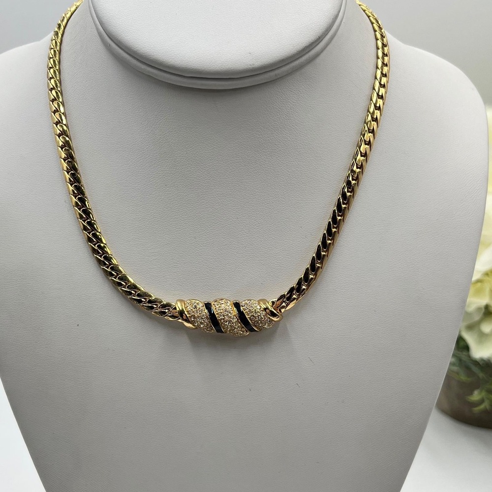 Christian‎ Dior Signed Vintage Choker
Necklace Gold Tone Black Enamel Crystal 80